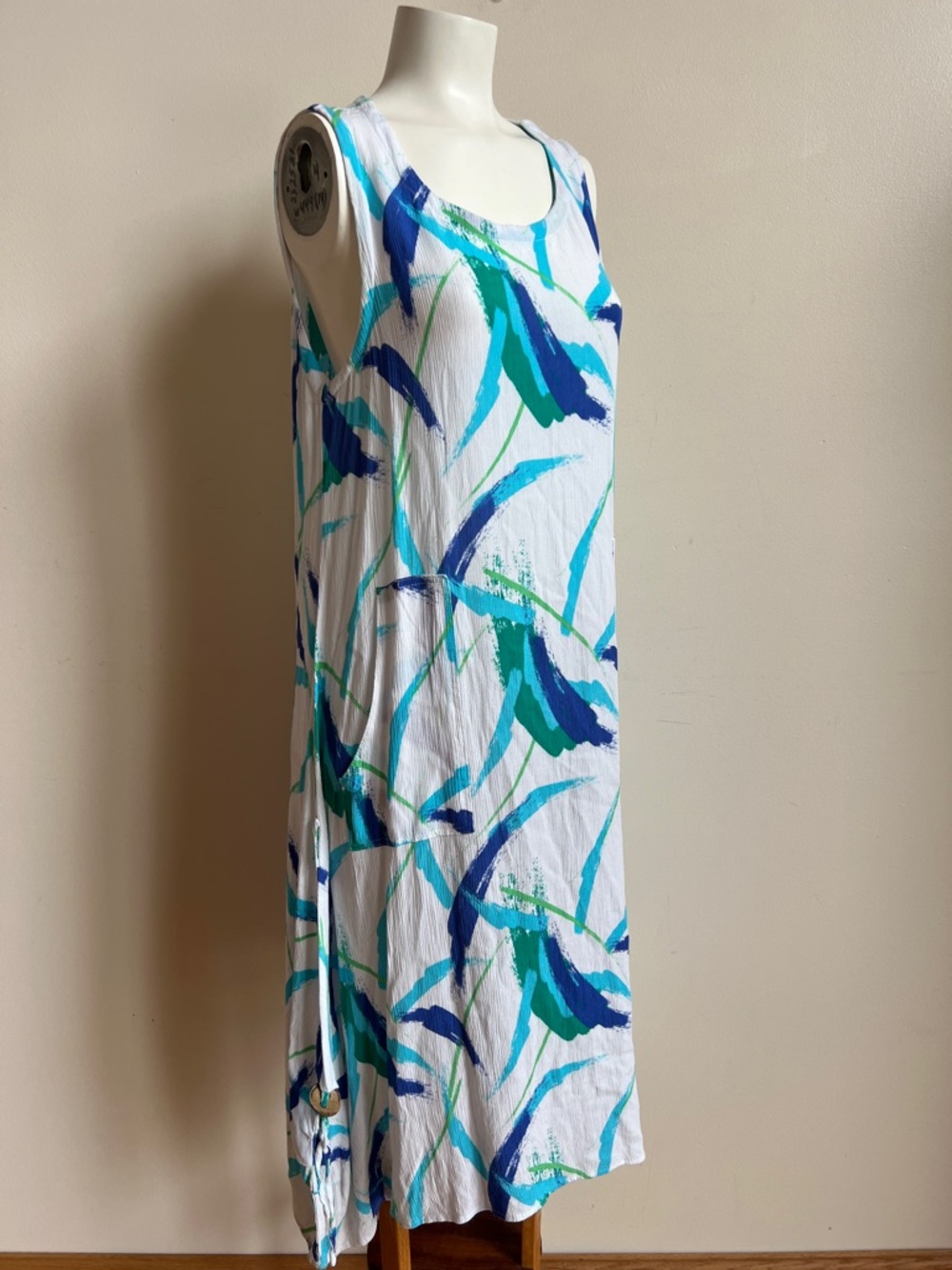 Sleeveless White Dress with Blue & Teal Brushstroke Print
